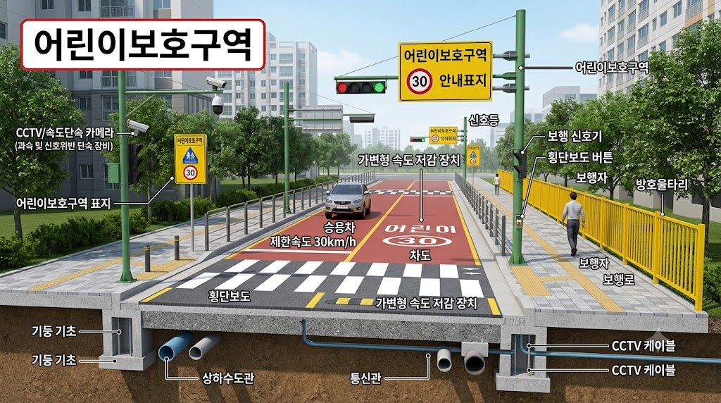어린이보호구역 도로에서 방호울타리·보행로·횡단보도·신호기·안내표지의 배치를 한글 라벨로 표시한 구조도 이미지
